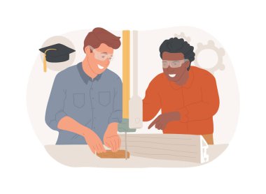 Makine ahşap işçiliği izole edilmiş karikatür çizimleri. Öğrenci marangozluğu öğretmen denetimi altında öğreniyor, yardımcı diploma, ahşap işçiliği makine eğitimi, teknik beceri vektör karikatürü.
