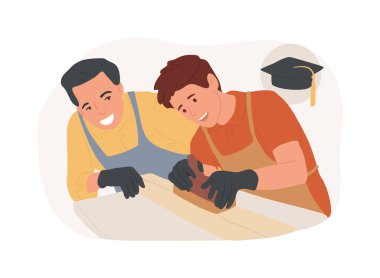 El aleti karikatür vektör çizimlerini izole etti. Öğrenci işleri, el aletleri, marangozluk eğitimi, teknik üniversite, yardımcı diploma, mesleki vektör karikatüründe ustalaşma..