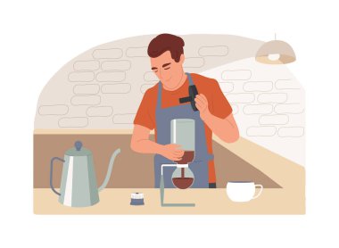 Sifon kahve makinası karikatür vektör çizimlerini izole etti. Barista sifon cihazı, demleme işlemi, kafe sahibi, küçük işletme, üçüncü dalga, özel vektör karikatürü kullanarak sıcak kahve yapar..