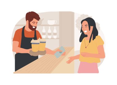 Take away coffee isolated cartoon vector illustrations. Barista gives takeaway coffee to client, great costumer service to client, hot drinks in the morning, small business vector cartoon.