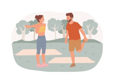 Warm up isolated cartoon vector illustrations. Couple doing warm-up before training, fitness activity, workout with friends, healthy and active lifestyle, athletic people vector cartoon.