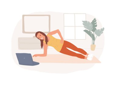 Evde kondisyon izole edilmiş çizgi film vektör çizimleri. Spor giyimli bir kız spor yapıyor ve dizüstü bilgisayarla video eğitimi izliyor, evde egzersiz yapıyor, sağlıklı ve aktif yaşam tarzı vektör karikatürü yapıyor..