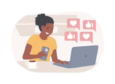 Takipçilerle etkileşim izole çizgi film vektör çizimleri. Güzel kız vlog yorumlarına cevap veriyor, abonelerle sohbet ediyor, yaşam tarzı blogu, boş zamanlardaki sanat aktiviteleri, smm vektör karikatürü.