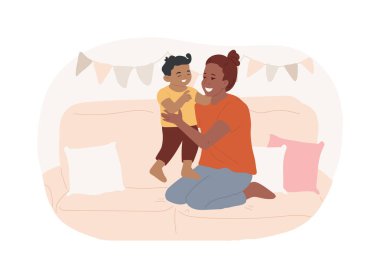 Bebek izole edilmiş vektör çizimleriyle oynamak. Gülümseyen anne bebeğiyle iyi eğlenceler, mutlu annelik, annelik rutini, günlük ev işleri, çocuk vektör çizgi filmiyle boş zaman..