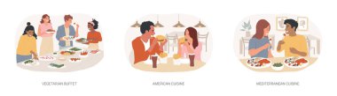 İzole edilmiş bir karikatür çizim setinde yemek yemek. Mutlu insanlar vejetaryen büfesinde, Amerikan mutfağında, hamburger yiyen çiftler, Akdeniz restoran vektör karikatürü..