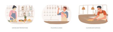 İzole edilmiş karikatür vektör çizimleri ayarlandı. Bar hazırlığı, meyve kesme, cila bardakları, temizlik yüzeyleri, barmen rutini, profesyonel barmen okulu vektör karikatürü.