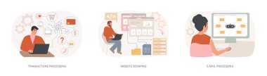 İş işlemleri otomasyon izole çizgi film çizimleri ayarlandı. Aktarım işleme, web sitesi kazıma, veri transferi, otomatik e- posta gönderme, makine öğrenme vektör karikatürü.