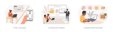 Otomatik iş süreçleri izole edilmiş karikatür vektör çizimleri ayarlandı. Maaş otomasyon yazılımı, ödeme, veri transferi, dosya değişimi, e-ticaret sipariş vektör karikatürü.