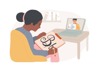 Kaligrafi karikatür vektör çizimlerini izole etti. Kız evde harf ve çizim yapıyor, özel ders izliyor, defter çiziyor, çevrimiçi eğitim alıyor, ana sınıf vektör karikatürü çiziyor..