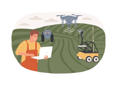 Kararlı iklim gözlemi izole edilmiş karikatür vektör çizimleri. Çiftçi, modern teknoloji ve tarım endüstrisini kullanarak iklimi izliyor, robotik vektör karikatürü kullanarak çiftlikleri yönetiyor..