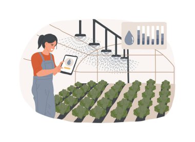Sera otomasyonu karikatür vektör çizimlerini izole etti. Çiftçi otomatikman sulamayı serada, modern tarımda, akıllı çiftçilikte, tarımsal vektör karikatüründe çalıştırıyor..