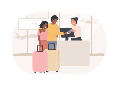 Checking in isolated cartoon vector illustrations. Smiling couple is checking in at the airport, waiting for flight, getting ready for vacation, travelling preparation vector cartoon.