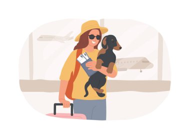 İzole edilmiş çizgi film çizimleri ile uçmak. Elinde biletlerle gülümseyen kız, havaalanından biniş için hazır ol, uçuş ve tatil vektör karikatürünü bekle..