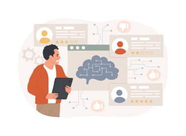 El-Etkinleştirilmiş Ürün veya Hizmet Geliştirme soyut konsept vektör çizimi. Müşteri Hizmetleri. Müşteri geribildirim toplayın, AI Teknoloji ürünleri hakkında veri güdümlü görüşler. soyut metafor.