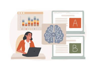 A-B Testi ve Al-Rafined Marketing soyut konsept vektör çizimi. Pazarlama ve Reklamcılık. A-B testlerini optimize et, pazarlama performansı AI Technology sonuçlarına göre. soyut metafor.