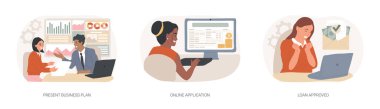 Küçük işletme kredisi karikatür vektör çizimleri ayarlandı. Mevcut iş planı, başlangıç sermayesi için online başvuru, kredi onayı, kredi notu, borç anlaşması vektör karikatürü.