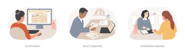 İnsan kaynakları ajansı karikatür vektör çizimlerini izole etti. Yetenek araması, seçilmiş adaylar, profesyonel İK uzmanıyla görüşme, kelle avcısı işi, şirket vektör karikatürü alma..