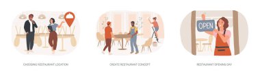 Bir restoran işine başlamak izole edilmiş çizgi film çizimleri seti. İş ortakları yer arar, yer seçer, bar konsepti oluşturur, kafenin iç tasarımı, açılış günü vektör karikatürü.