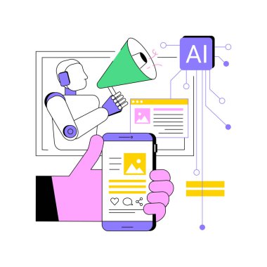 El yapımı pazarlama içerik yardımı soyut konsept vektör illüstrasyonu. Pazarlama ve Reklamcılık. Makaleler, sosyal medya paylaşımları, yapay zeka önerileri. AI Teknoloji. soyut metafor.