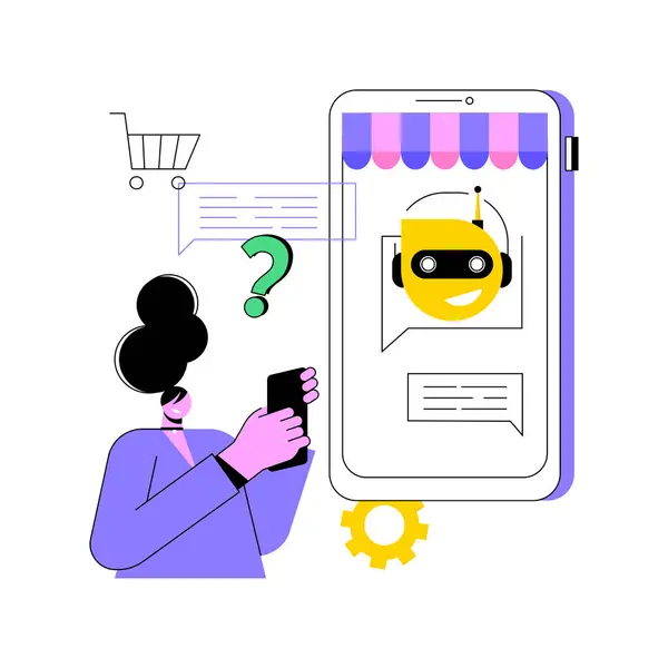 stock vector AI-Powered Sales Chatbot Assistance abstract concept vector illustration. Sales. AI chatbots providing product information and FAQs to potential customers. AI Technology. abstract metaphor.