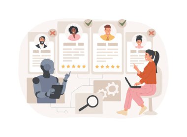 AI-Geliştirilmiş İşe Alma ve Tarama soyut konsept vektör çizimi. İnsan Kaynakları. En iyi adayları niteliklerine ve iş koşullarına göre belirleyin. AI Teknoloji. soyut metafor.