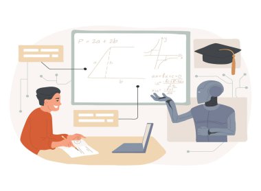 Al-Power Sanal Öğretmenler soyut konsept vektör çizimi. Eğitim. Sanal öğretmenler desteği, kişisel geri bildirim, ders planlama, kompozisyon kontrolü. AI Teknoloji. soyut metafor.