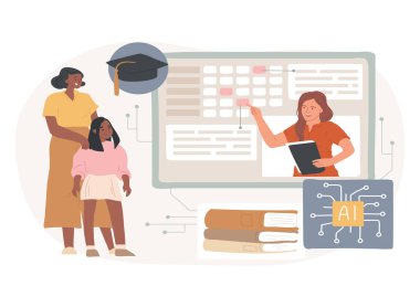 Gelişmiş veli-öğretmen iletişimi soyut konsept vektör illüstrasyonu. Eğitim. Ebeveynler ve eğitimciler yapay zeka araçları ve ilerleme güncellemeleri ile iletişim kurarlar. AI Teknoloji. soyut metafor.