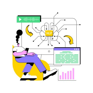 NLP soyut konsept vektör illüstrasyonuyla Metin Veri Analizi. Veri analizi. Doğal Dil İşleme, metin verilerini, sosyal medyayı, müşteri geribildirimini analiz eder. AI Teknoloji. soyut metafor.