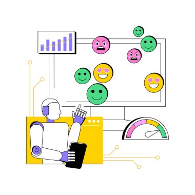 Yapay Güç Duygu Analizi, soyut konsept vektör çizimi. Veri analizi. Halkın ürünlere, hizmetlere veya markalara yapay zeka araçlarıyla verdiği tepkiyi analiz edin. AI Teknoloji. soyut metafor.