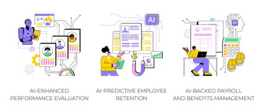 HR soyut konsept vektör illüstrasyonundaki yapay zeka seti. AI-Geliştirilmiş Performans Değerlendirmesi, El-Öngörücü Çalışan Tutma, Maaş ve Yardım Yönetimi soyut metaforu.
