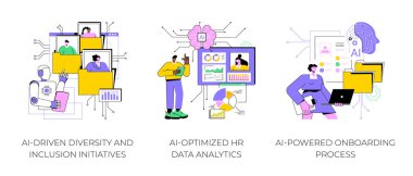 İnsan Kaynakları 'nda yapay zeka, soyut konsept vektör illüstrasyon setinde kullanılır. Al-Driven Çeşitlilik ve Katılım Girişimleri, Optimum HR Veri Analizleri, El-Güçlendirilmiş Binici Süreci soyut metaforu.