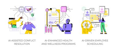 Artificial Intelligence in Human Resources abstract concept vector illustration set. AI-Assisted Conflict Resolution, AI-Enhanced Health and Wellness Programs, AI-Driven Employee Scheduling abstract clipart