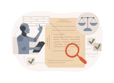 El-Akımı Diligence soyut konsept vektör çizimi. Hukuk Hizmetleri. Al Technology ile durum tespiti görevlerini, geçmiş kontrollerini ve risk değerlendirmelerini otomatikleştirin. soyut metafor.