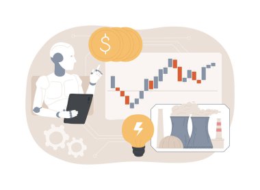 El-Akımlı Enerji Ticareti soyut konsept vektör çizimi. Enerji. Pazar yerinde enerji ticareti, AI algoritmalarıyla arz ve talebi eşleştirme. AI Teknoloji. soyut metafor.