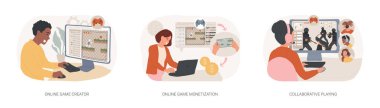 Oyun platformu izole edilmiş çizgi film vektör çizimleri ayarlandı. Çevrimiçi oyun yaratıcısı, inşa platformu, oyun para kazanma fikri, işbirlikçi oyun, bulut oyunu endüstrisi, geliştirme vektör karikatürü.