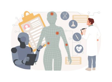 Gelişmiş Tıbbi Teşhis soyut konsept vektör çizimi. Sağlık hizmetleri. Tanısal doğruluğu geliştir, tıbbi görüntüleri ve hasta verilerini analiz et. AI Teknoloji. soyut metafor.