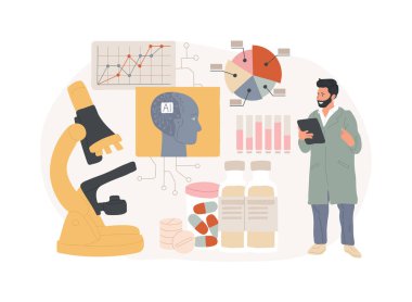 Geliştirilmiş Uyuşturucu Keşfi soyut konsept vektör illüstrasyonu. Sağlık hizmetleri. Yapay zeka simülasyonları ve veri analizleri. İlaç ve biyofarma araştırmaları. AI Teknoloji. soyut metafor.