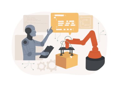 AI destekli Robotik ve Otomasyon soyut konsept vektör çizimi. Üretim. Yapay zekaya sahip robotların entegrasyonu, üretim sürecinin otomasyonu. AI Teknoloji. soyut metafor.