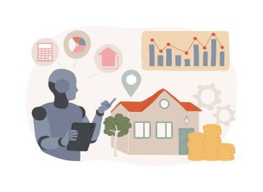 Yapılandırılmış Fiyatlandırma Stratejileri soyut konsept vektör çizimi. Gayrimenkul. Emlak fiyatları ve kiralama oranı yapay zeka görüşlerine, emlak piyasası eğilimlerine dayanıyor. AI Teknoloji. soyut metafor.