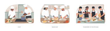 Restaurant kitchen work isolated cartoon vector illustrations set. Professional chef cooking, inventing new dish, sous chef prepares food, teamwork, working together, horeca business vector cartoon.