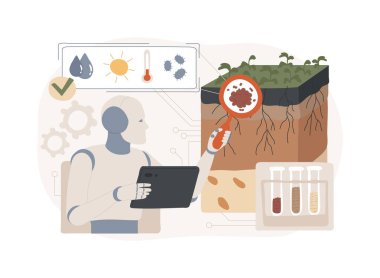 El-Analiz edilmiş Toprak Sağlığı soyut konsept vektör çizimi. Tarım. Toprak kalitesini ve bileşimini, ekim ve ekin yönetimini optimize etmek için değerlendir. AI Teknoloji. soyut metafor.