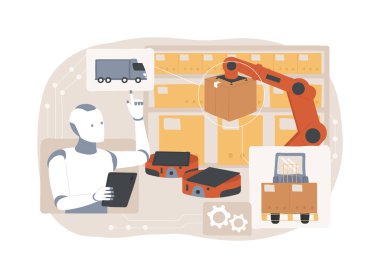 Yapılandırılmış Depo Operasyonları soyut konsept vektör çizimi. Ulaşım ve Lojistik. AI Teknolojisi ile depo düzeni, toplama ve envanter optimize ediliyor. soyut metafor.