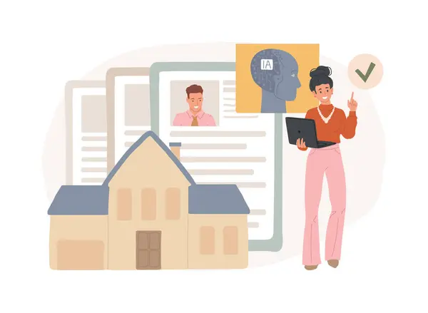 Al-Power Tenant Taraması soyut konsept vektör çizimi. Gayrimenkul. Güvenilir kiracıları seçin, yapay zeka geçmişine sahip kira başvurularını değerlendirin. AI Teknoloji. soyut metafor.