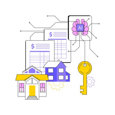El-Akımlı Mülkiyet Yönetimi soyut konsept vektör çizimi. Gayrimenkul. Otomatik mülk bakımı, kira tahsilatı ve kiracı iletişimi. AI Teknoloji. soyut metafor.