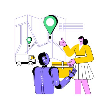 Al-Desteklenen Son Yol Teslimatı soyut konsept vektör çizimi. Ulaşım ve Lojistik. AI rota planlama ve paket takibi. Nakliye lojistik yapay zeka teknolojisi. soyut metafor.