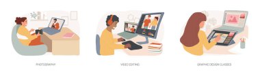 Yaratıcı çevrimiçi kurslar izole edilmiş karikatür vektör çizimleri ayarlandı. Özel öğretmenli fotoğraf dersleri, video düzenleme, grafik tasarım dersleri, online öğretim, dijital sanat vektörü karikatürü izleme.