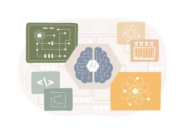 AI-Etkinleştirilmiş Çapraz Disiplin İşbirliği soyut konsept vektör çizimi. Araştırma ve Geliştirme. Uzmanları ortak ilgi ve projeye bağlamak. AI Teknoloji. soyut metafor.