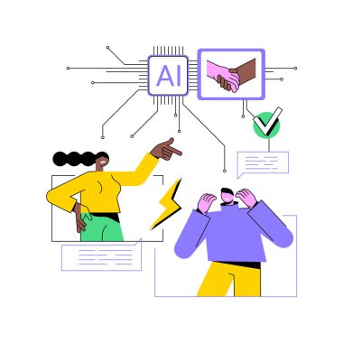 Al-Destekli Çatışma Çözünürlüğü soyut konsept vektör çizimi. İnsan Kaynakları. İletişim verilerinin analizine dayalı işyeri çatışmalarını tanımla. AI Teknoloji. soyut metafor.