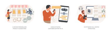 AI Customer Service abstract concept vector illustration set. AI-Driven Personalized Product Suggestions, Voice-Activated Customer Support, AI-Optimized Call Center Operations abstract metaphor. clipart