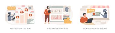 Satıştaki Yapay Zeka soyut konsept vektör çizimi seti. Satış Ekipleri için Al-Lead Puanı, Satış Eğilimi Tahminleri Yapay Zeka, El-Güç Satış Chatbot Yardımı soyut metaforu.